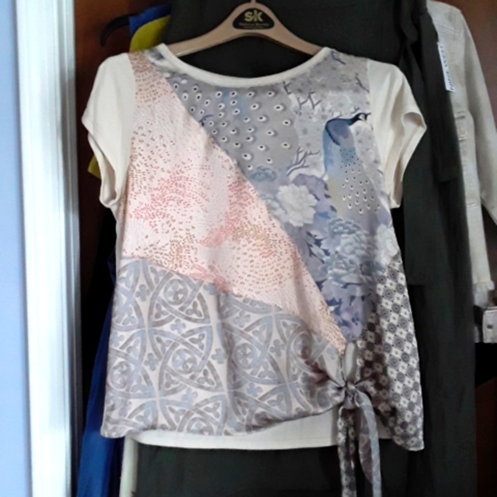 Tiny Anthropologie peacock patchwork tie front top M